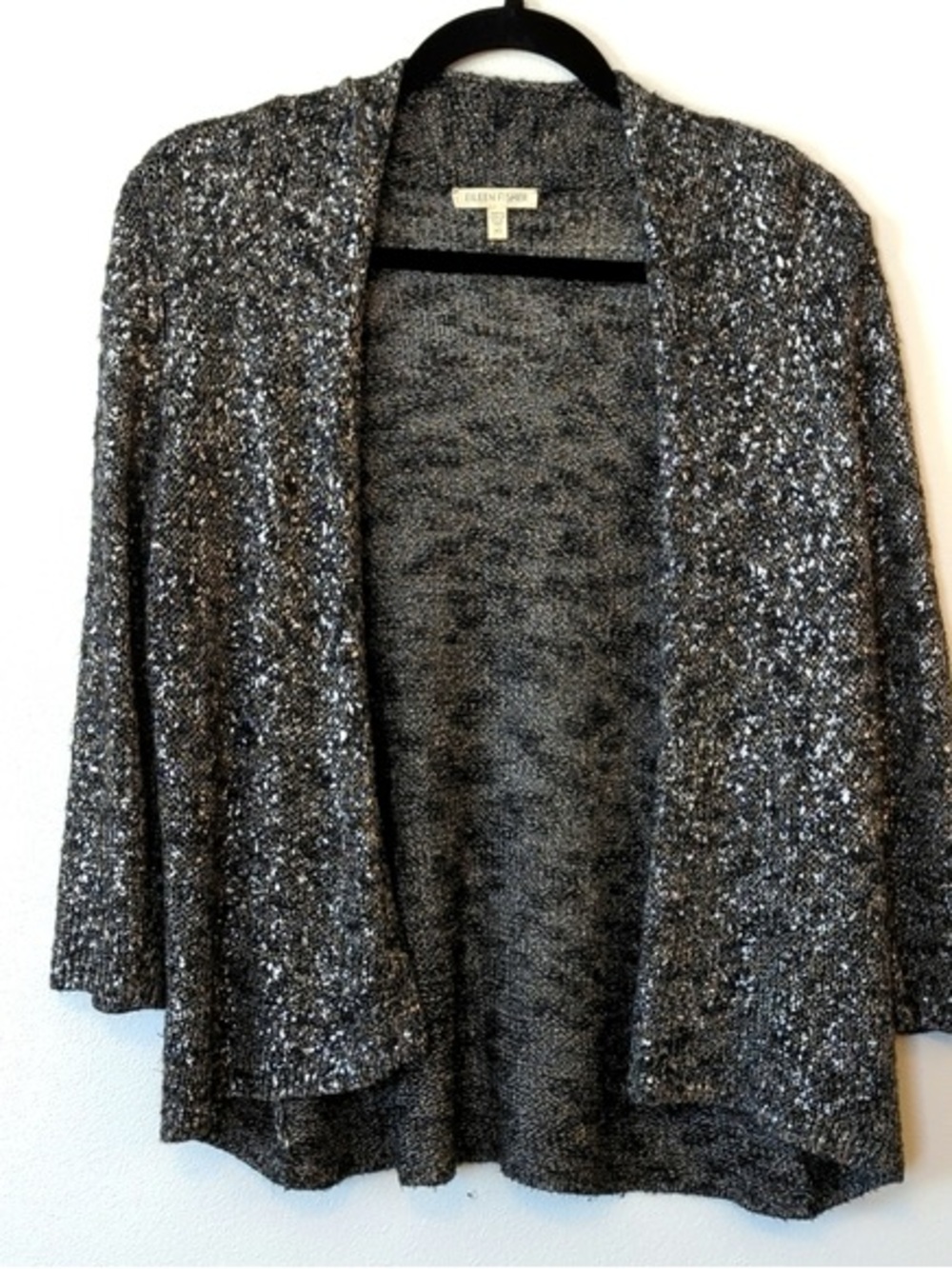 EILEEN FISHER Charcoal Speckled Open-Front Knit 3/4 Sleeve Cardigan